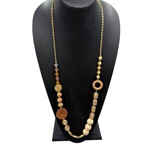 Plunder Designs September Posse Natural Beaded Long Necklace Gold Tone
